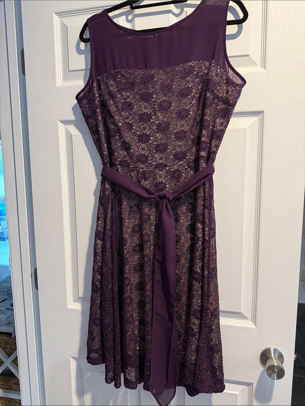 Sleeveless Purple Lace Fit-and-Flare Dress with Sash